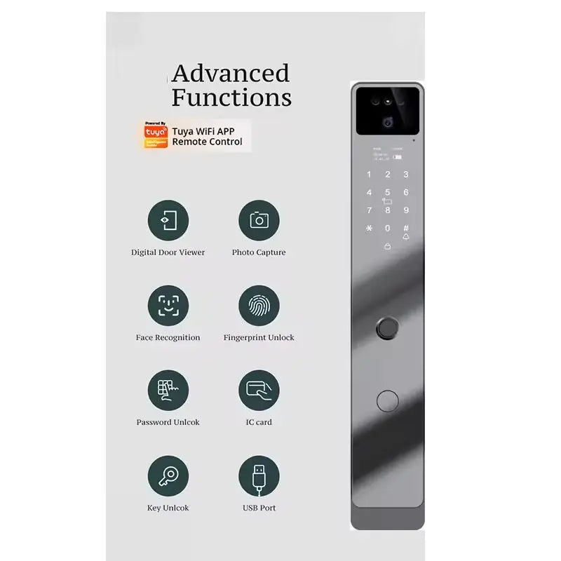 3D Face Recognition Smart Door Lock WiFi Electronic Home Lock with Camera RFID Card Compatible with Tuya for Smart Home Security