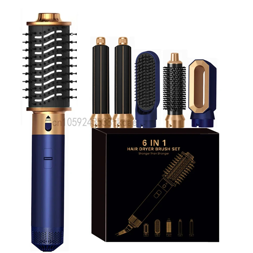 6-in-1 hair dryer brush set in blue and gold with curling iron, straightener, and styling attachments in gift box.