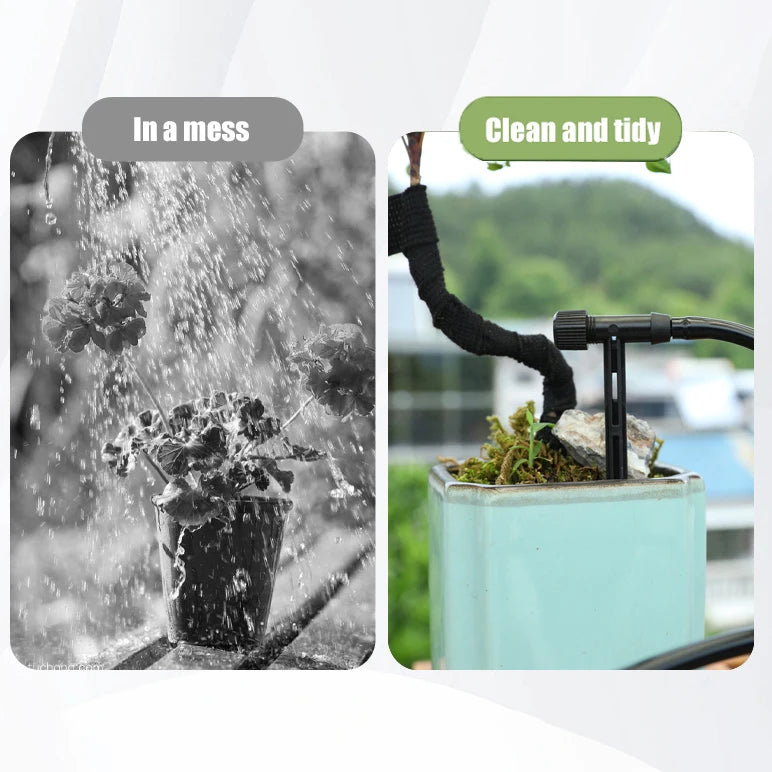 Split views of drip irrigation kit: messy spray comparison and clean watering