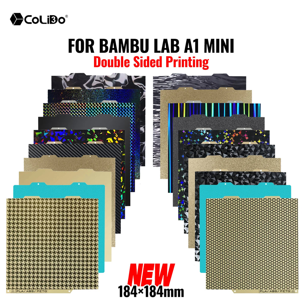 Double-sided 184x184mm PEI/PEY/PET/H1H build plates for Bambu Lab A1 Mini, offering textured surfaces for 3D printing.
