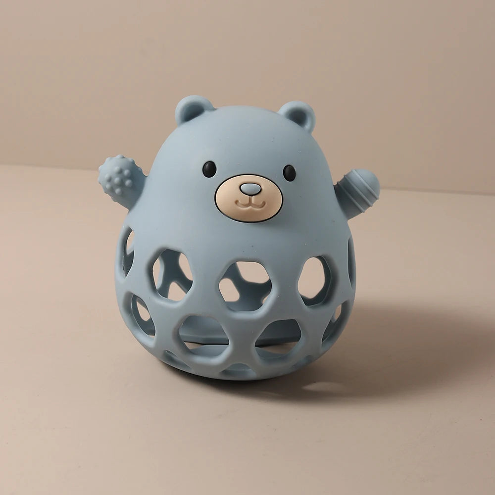 Blue bear silicone baby teething toy for soothing relief.