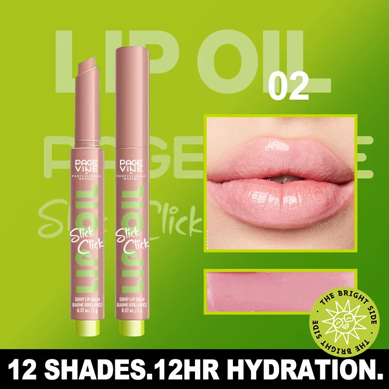 Page Vine click pen lip oil in light pink, featuring a glossy, moisturizing finish and smooth swatch on skin.