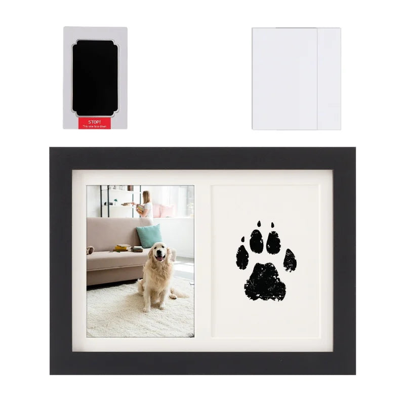 Non-toxic inkless ink pad kit for safe pet paw print souvenirs with black frame for dog photo and footprint display.