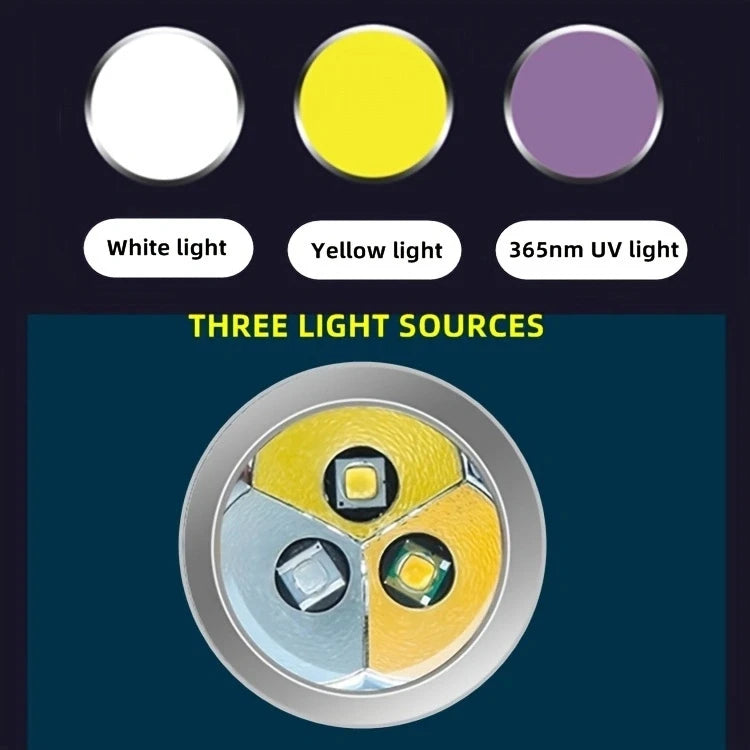 3-in-1 USB rechargeable UV flashlight for detecting pet urine stains, jewelry, and jade with white, yellow, and UV light.