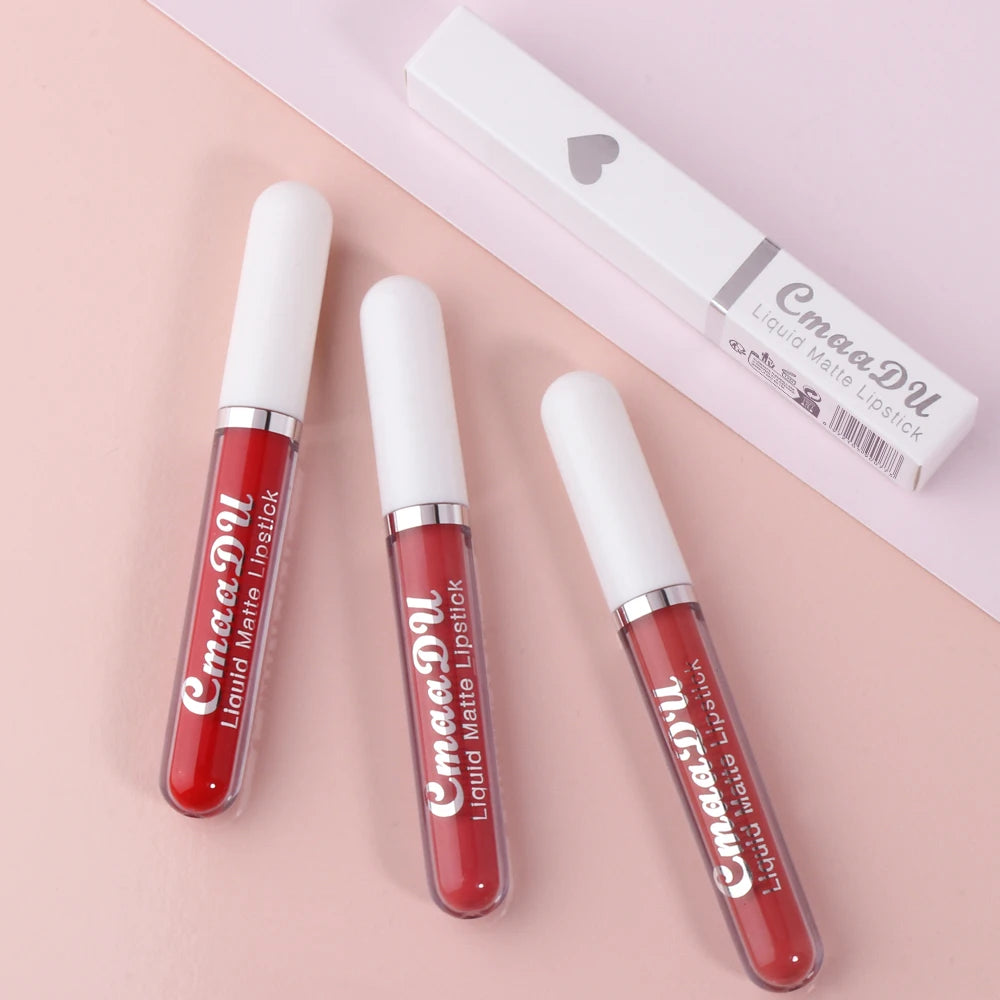 CmaaDU long-lasting waterproof liquid matte lipstick set in vibrant red and pink shades with white packaging.