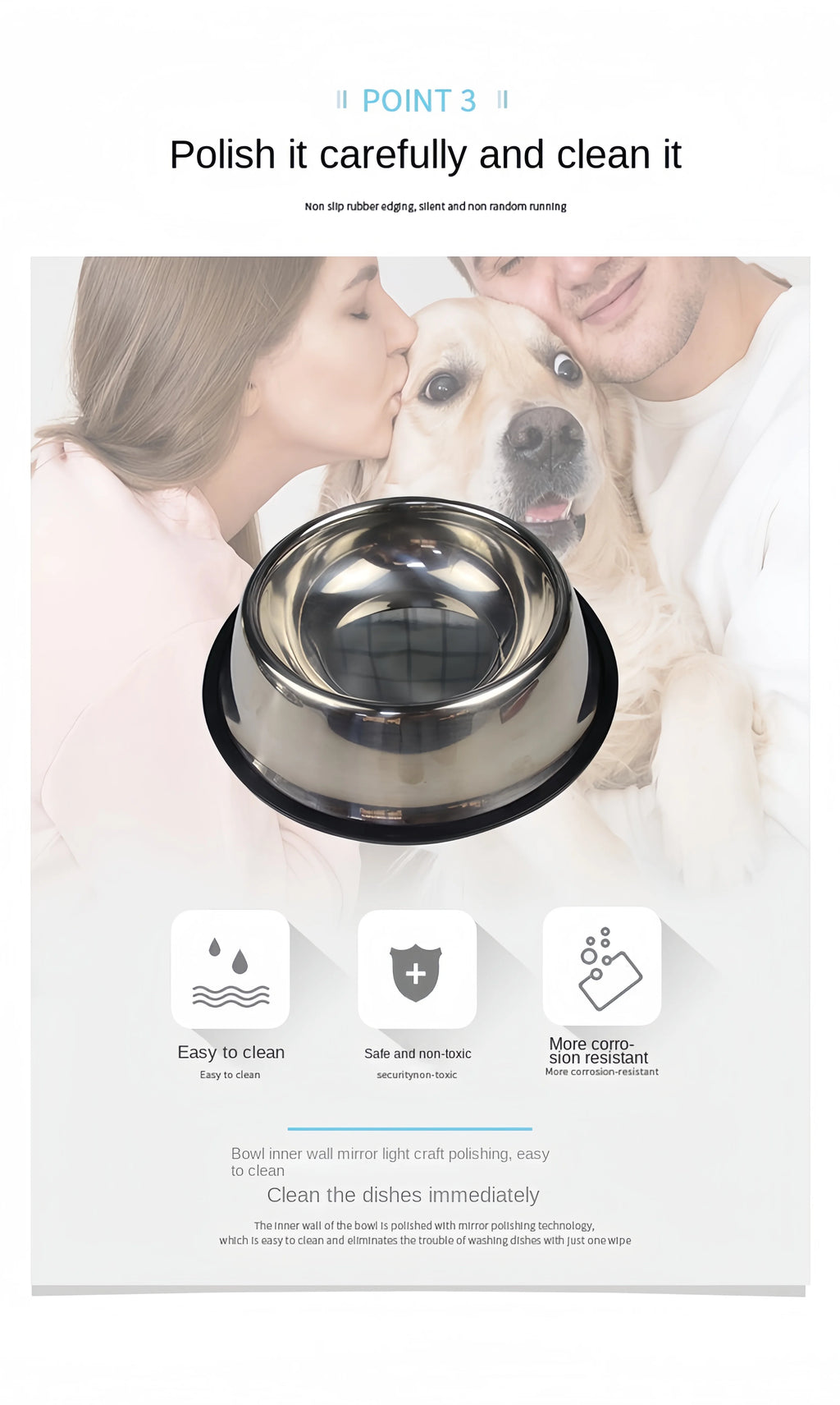 Durable stainless steel dog and cat food bowl with non-slip base. Easy-to-clean, non-toxic, and corrosion-resistant.