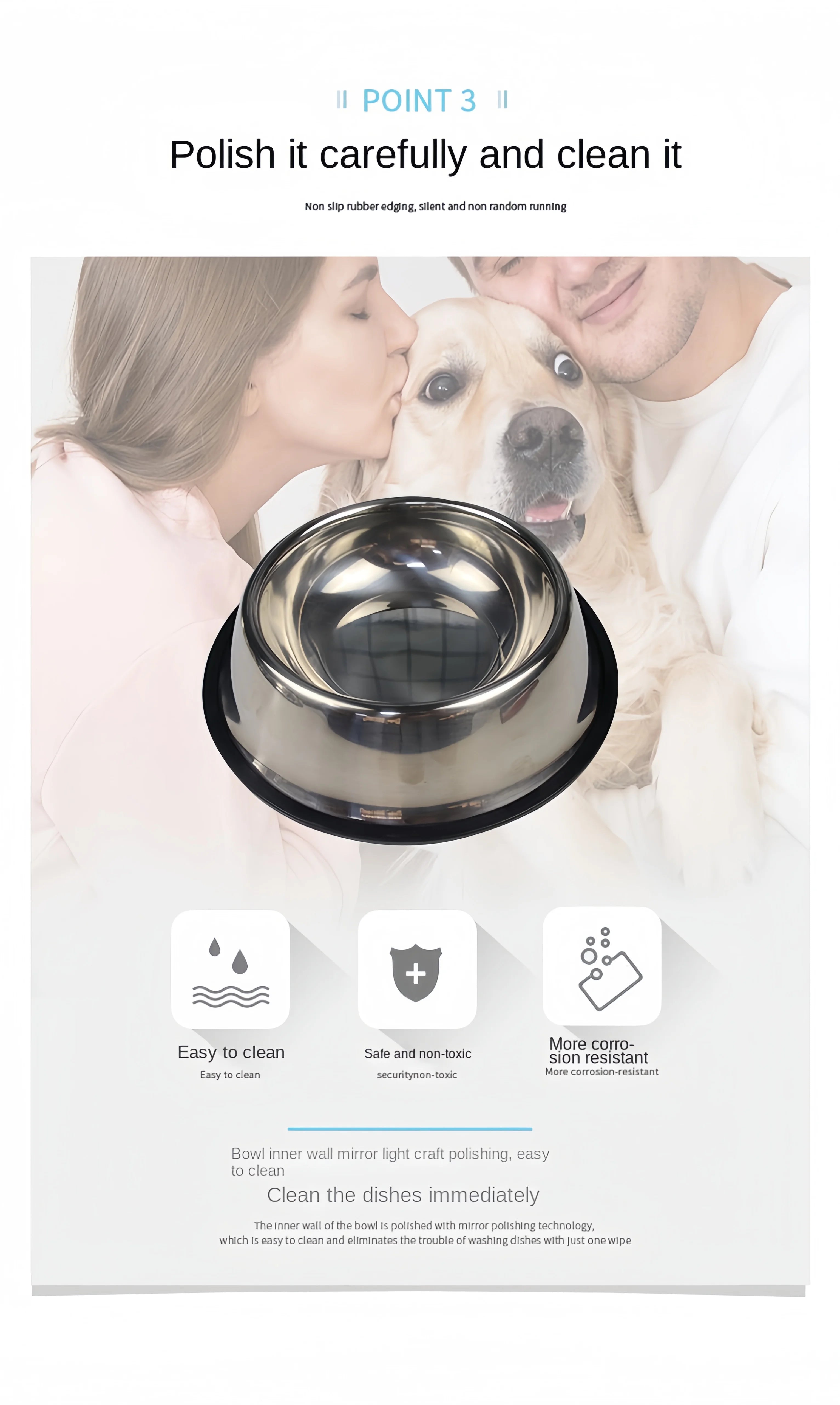 Durable stainless steel dog and cat food bowl with non-slip base. Easy-to-clean, non-toxic, and corrosion-resistant.