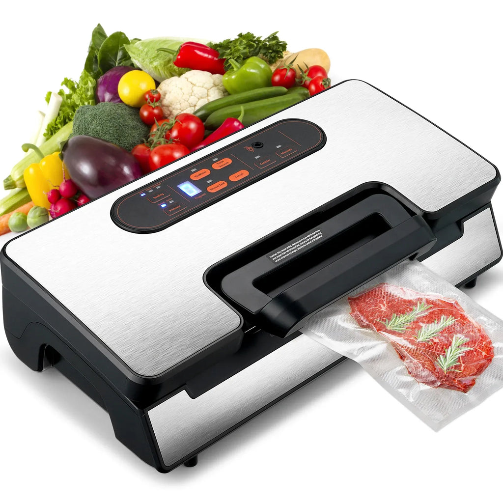 Vacuum sealer machine sealing a steak in a bag, with fresh vegetables in the background for food storage.
