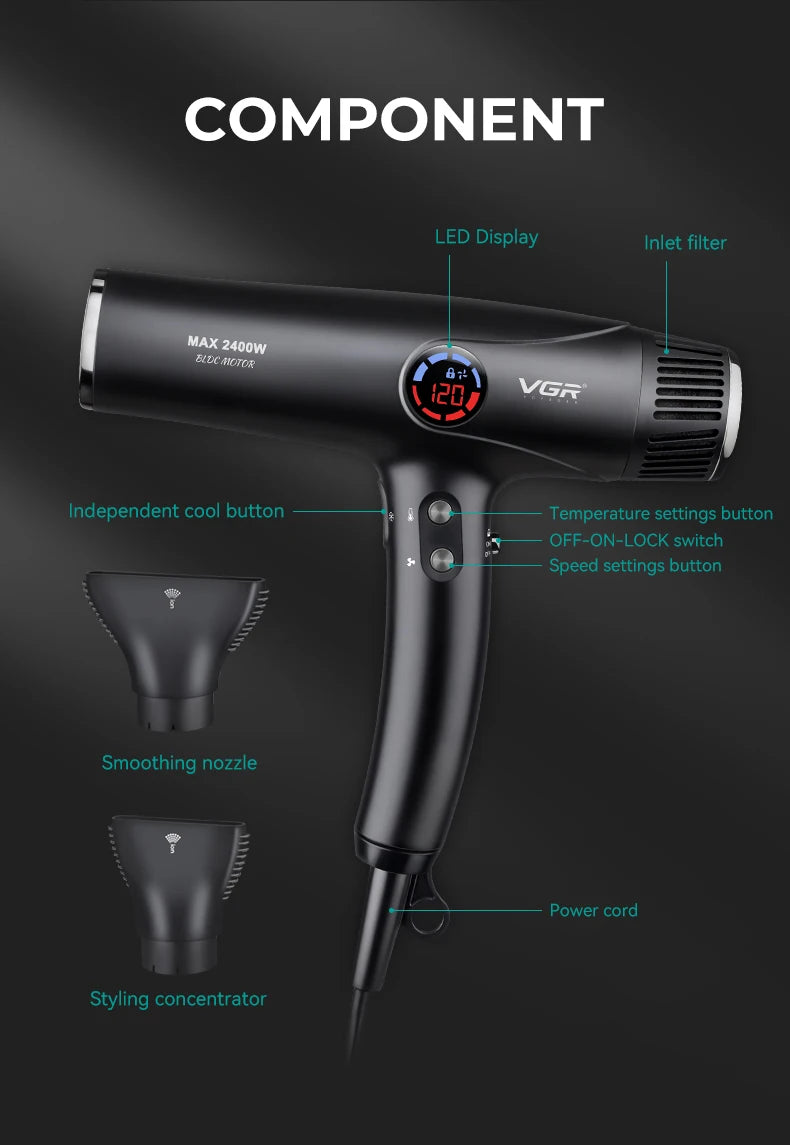 VGR black professional hair dryer with LED display, BLDC motor, 2 nozzles, cool button, and speed settings.