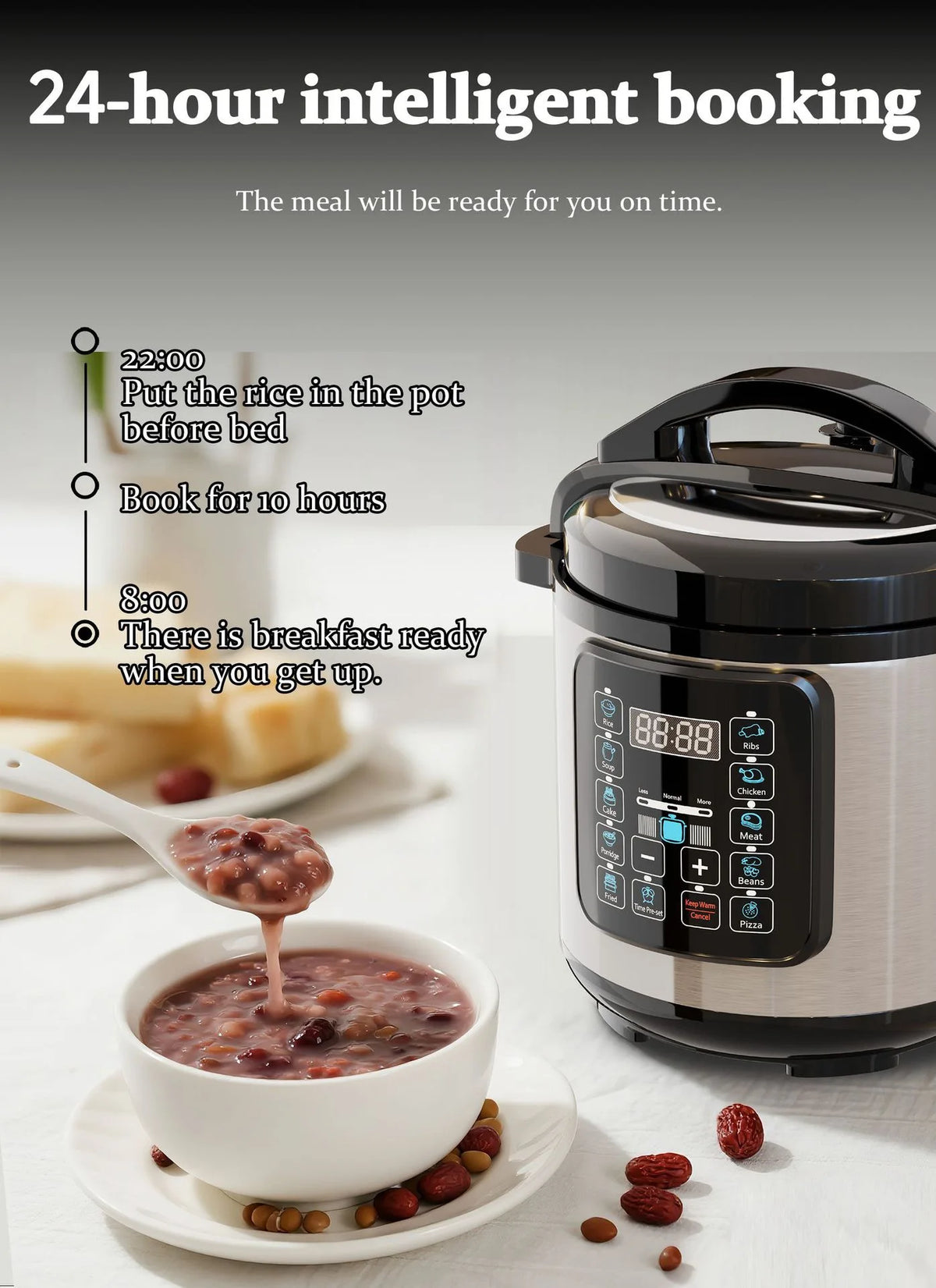 Electric pressure cooker showing smart timer display on the digital control panel