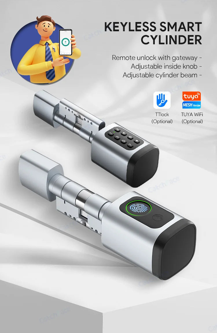 V1 Pro+ Version Adjustable TUYA or TTLock APP Fingerprint Password Digital RFID Card Cylinder Smart Door Lock for Home Hotel