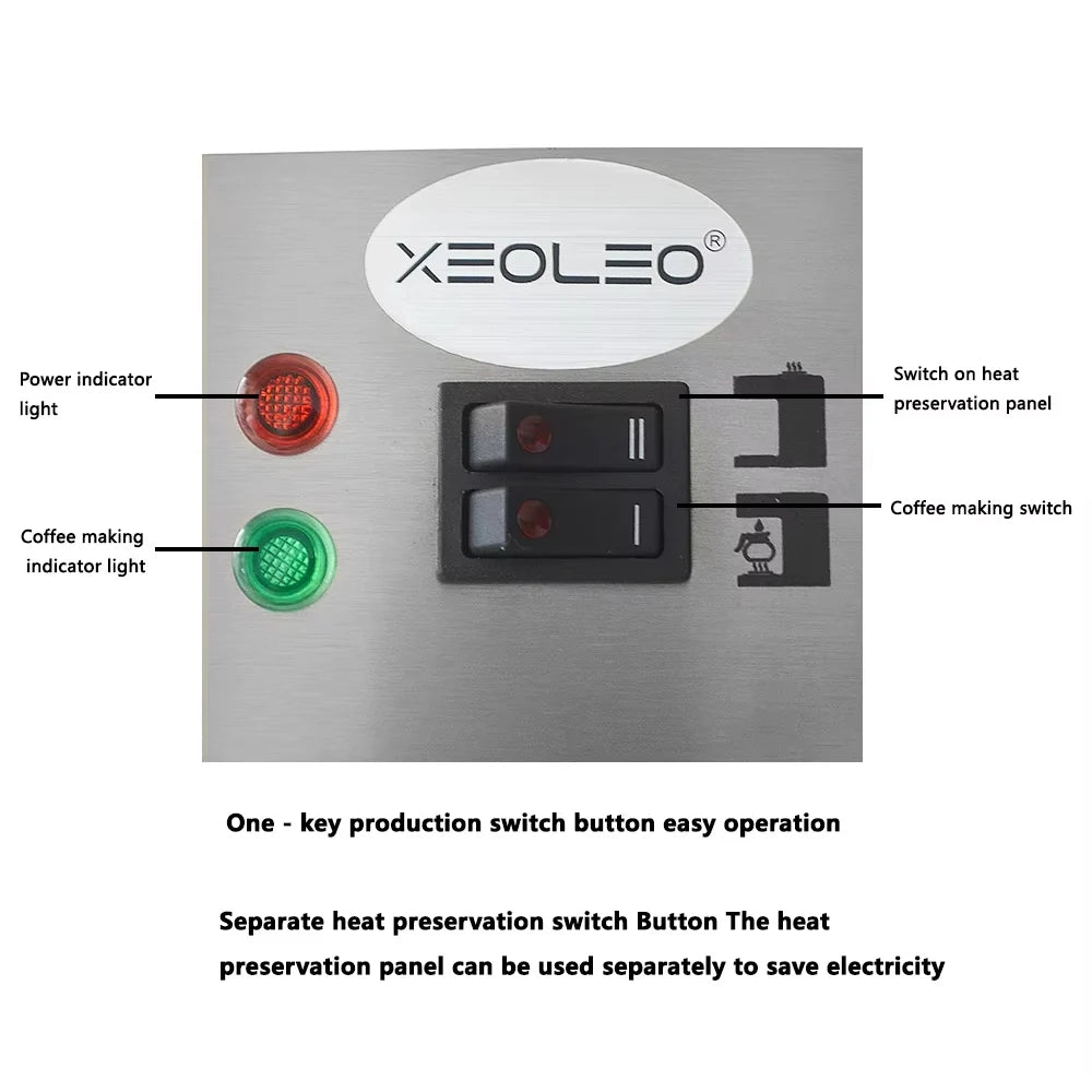 XEOLEO stainless steel coffee maker control panel with dual power and heat preservation switches, and indicator lights.