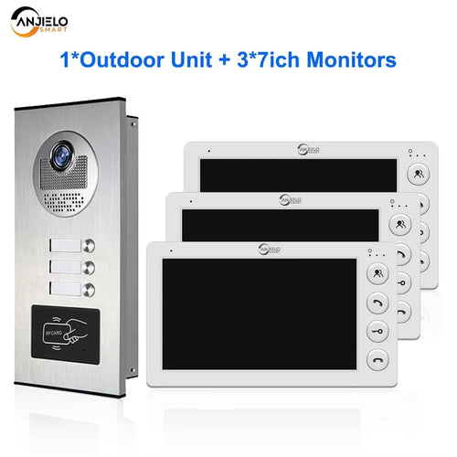 Outdoor video intercom unit with RFID card area and three white 7-inch monitors