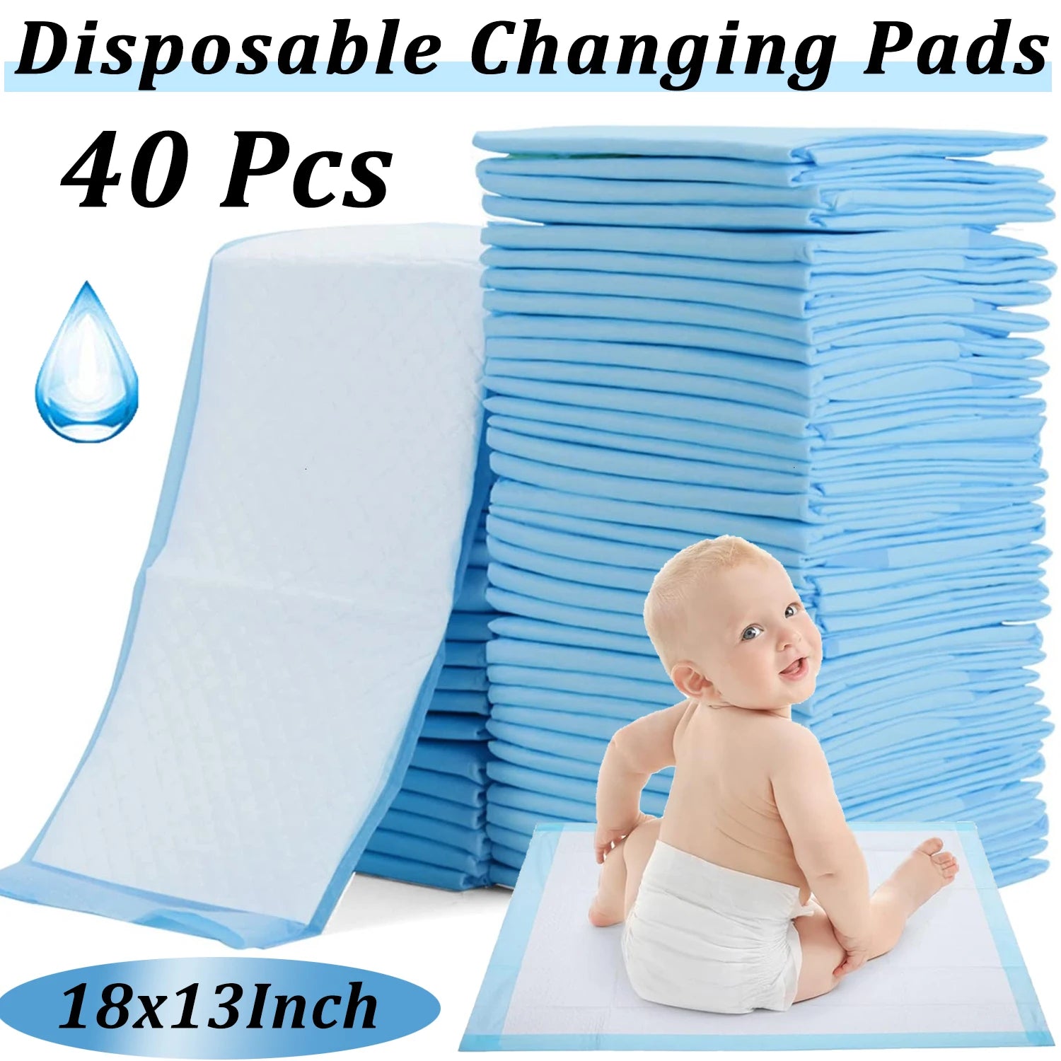 40-pack of 18x13-inch disposable baby changing pads, absorbent blue liners for portable baby care.