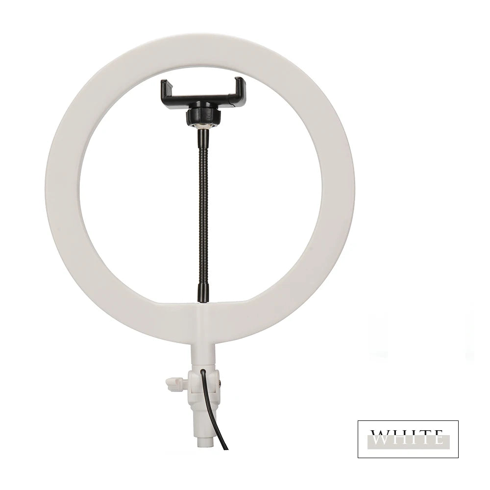 White circular ring light with a black adjustable smartphone mount on a flexible neck for photography and video.