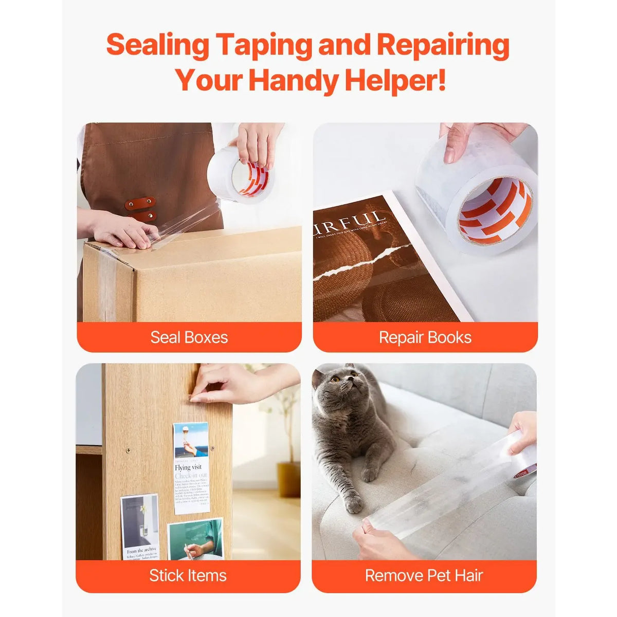 Clear packing tape applying to boxes and removing pet hair from surfaces