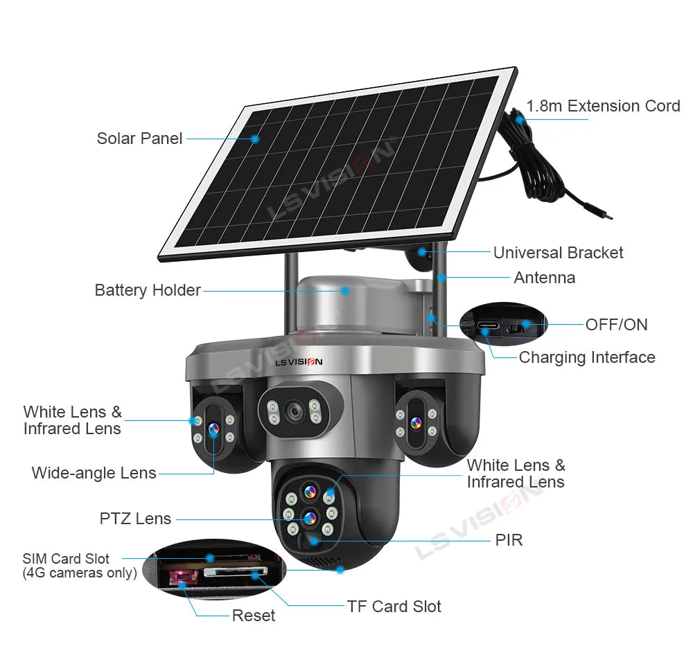 LS VISION 20MP 10X Optical Zoom 4G Solar Camera Outdoor WiFi Three Screen 3PTZ 360° Auto Tracking Security CCTV Camera V380 Pro