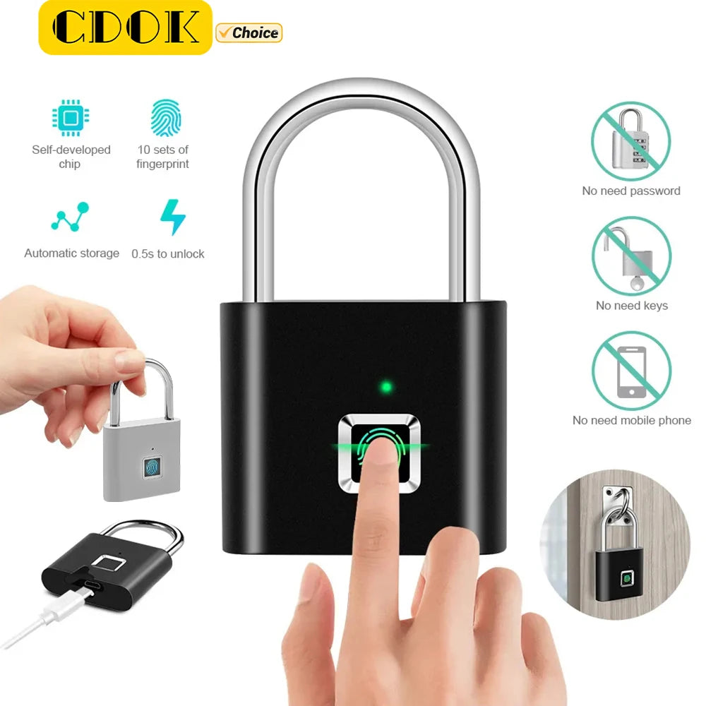 CDOK P2 Fingerprint Padlock, Built-in Rechargeable Battery, Outdoor Waterproof, Easy to Use