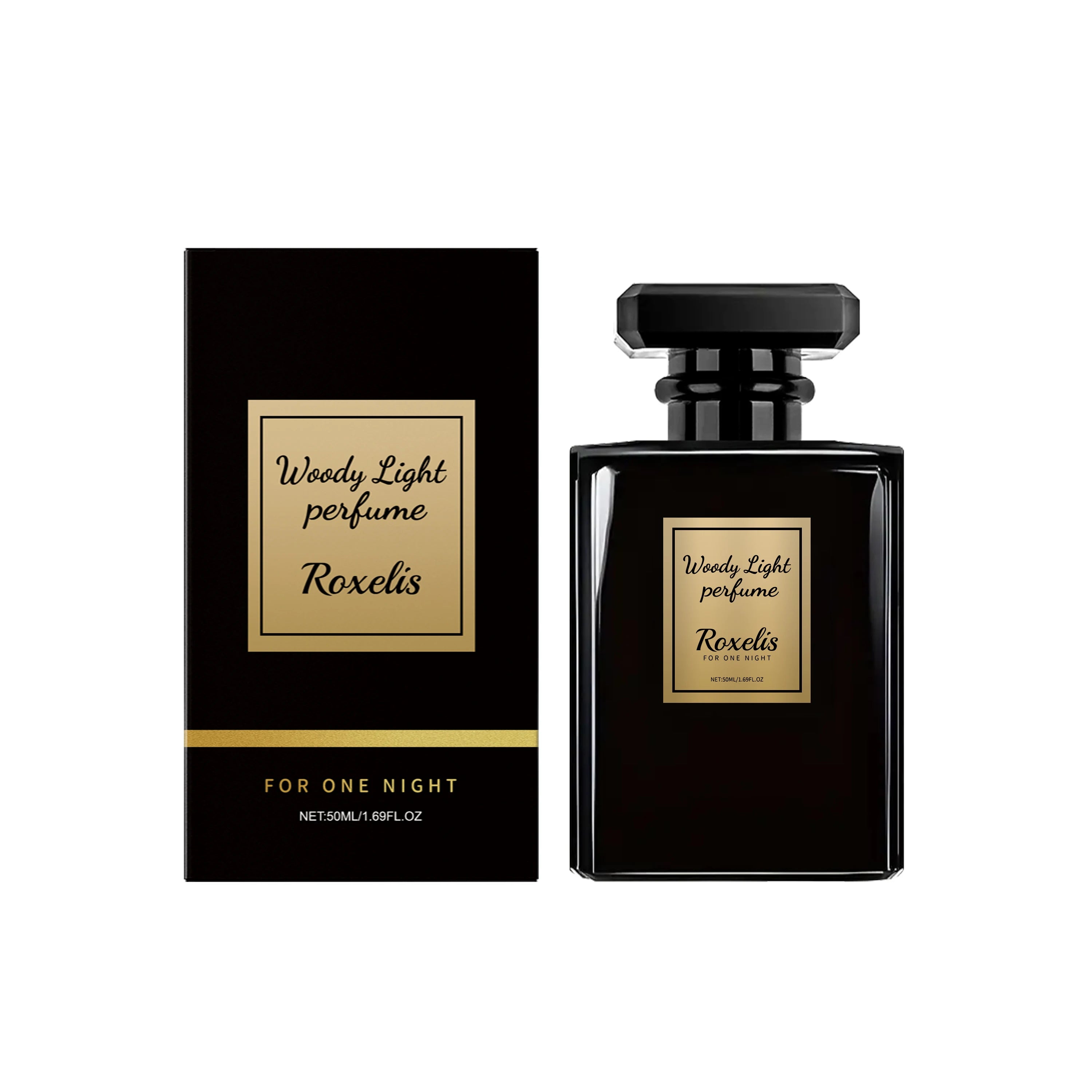 Roxelis Woody Light cologne: long-lasting woody men's fragrance in a sleek black square bottle with gold labels.