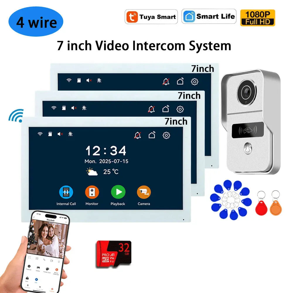 Tuya 7-inch video intercom system bundle with outdoor doorbell camera and stacked indoor monitors
