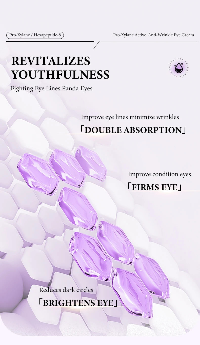 Purple gel texture anti-wrinkle eye cream for firming skin, reducing puffiness, and fading fine lines.