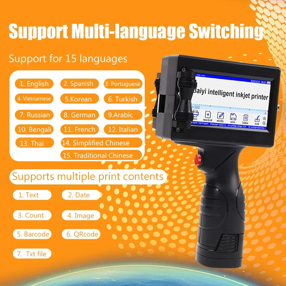 Portable handheld inkjet printer with LCD screen for multi-language text and barcodes