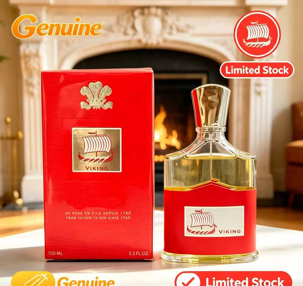 Creed Viking 100ml men's cologne, a spicy woody EDP in a signature glass bottle with red label, luxury lasting scent.