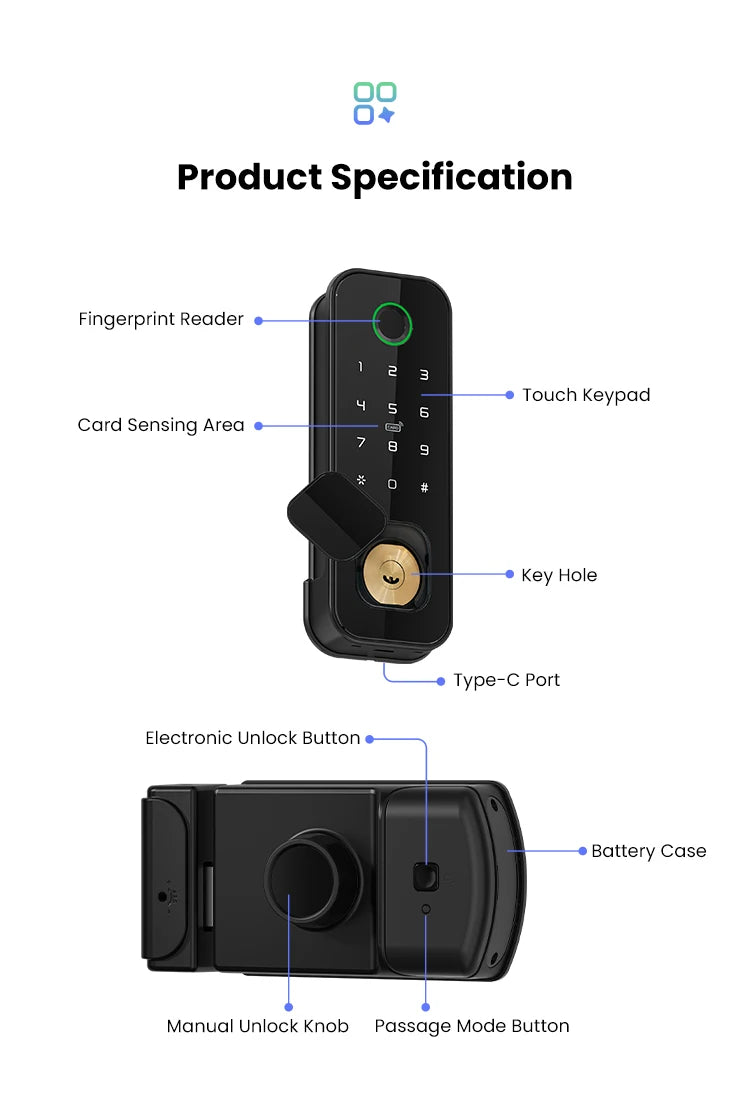 Tuya WiFi 8 Language Fingerprint IP66 Waterproof Outdoor Gate Passcode RFID Card Keyless Smart Rim Lock for Home