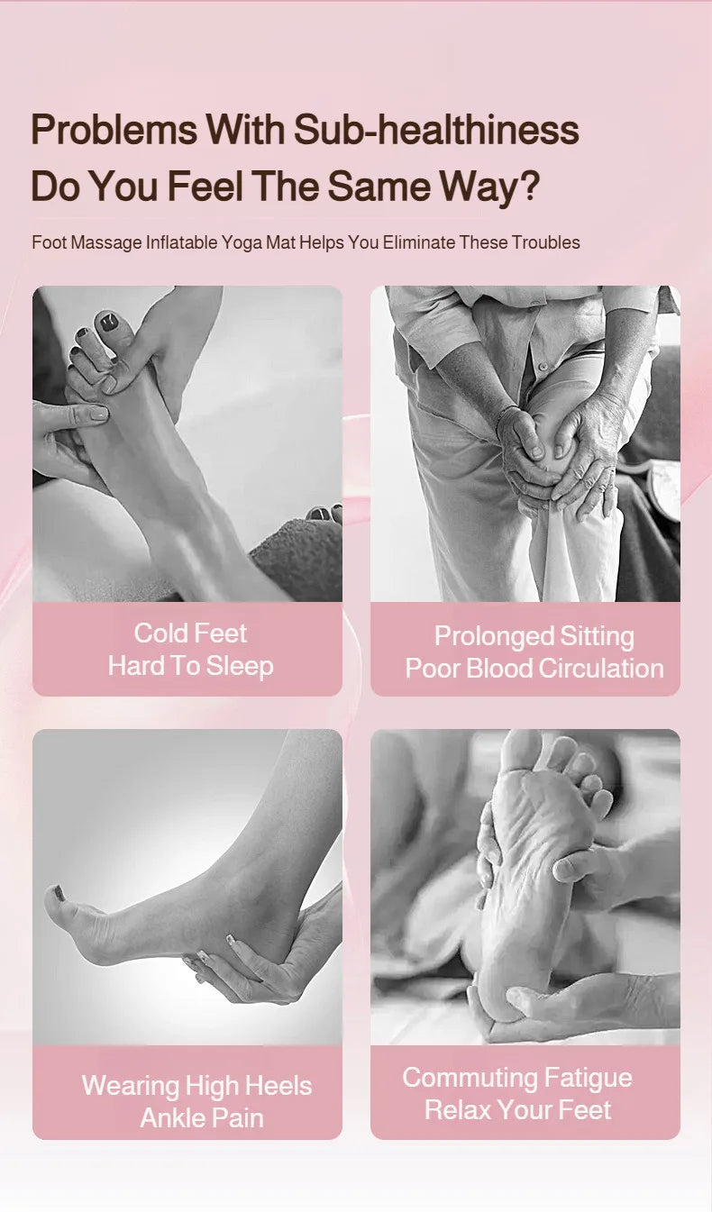 Inflatable foot massage yoga mat designed to relieve pain, improve circulation, and soothe foot fatigue.
