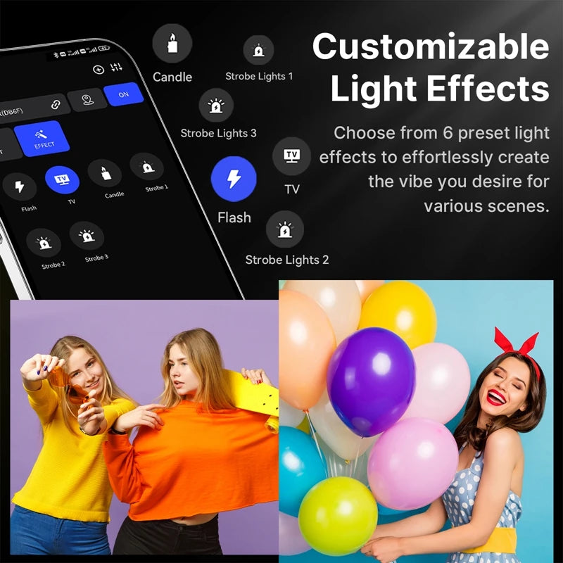 Smartphone app interface showing six lighting effect icons, including candle, strobe, and flash modes for color control.