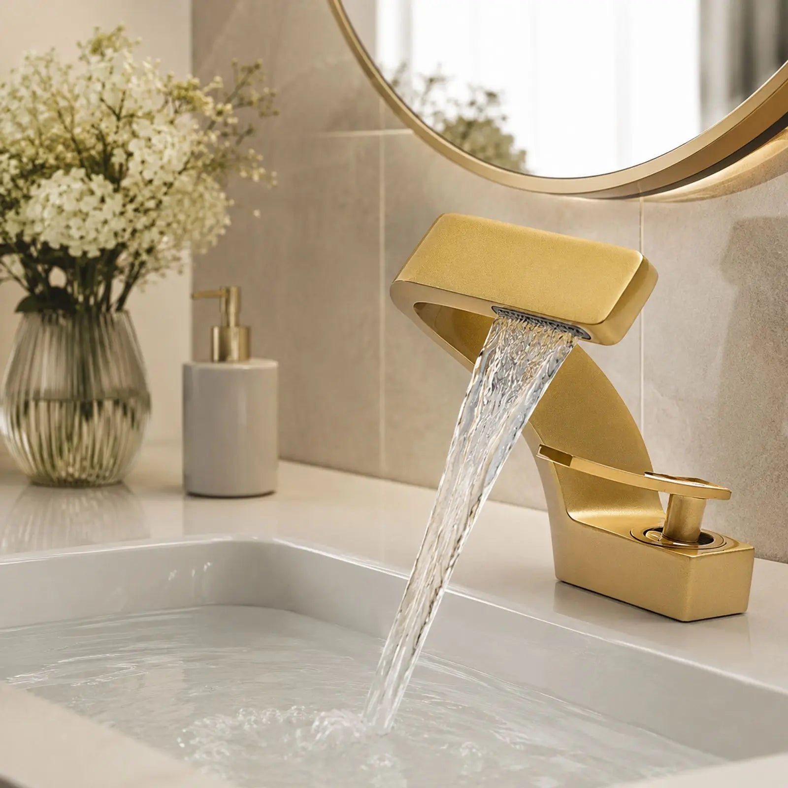 Gold Bathroom Waterfall Mixer Tap Modern Washbasin Faucet Copper Basin Tap Elegant Lift Off Type