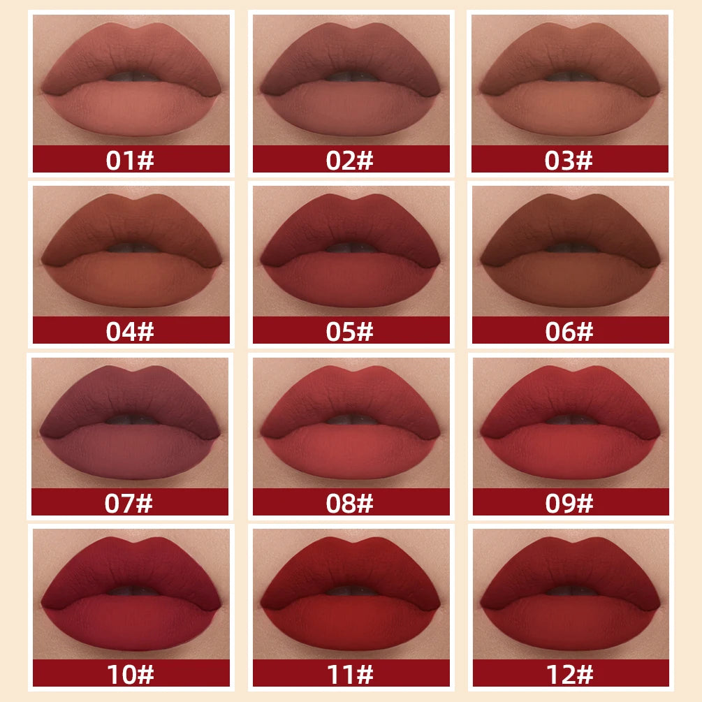 Long-lasting matte liquid lipstick set in velvet nude and sexy red shades, waterproof, non-stick, full-coverage finish.