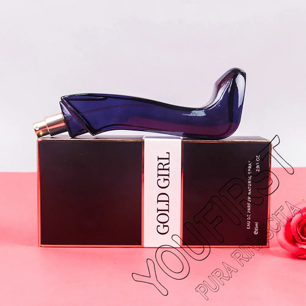 Gold Girl EDP 85ml: Navy blue stiletto-shaped bottle, luxury floral fragrance for women. Long-lasting perfume spray.
