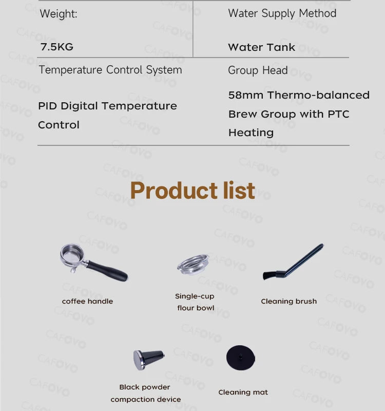 Cafovo espresso machine accessories kit: 58mm portafilter, filter basket, cleaning brush, tamper, and cleaning mat.