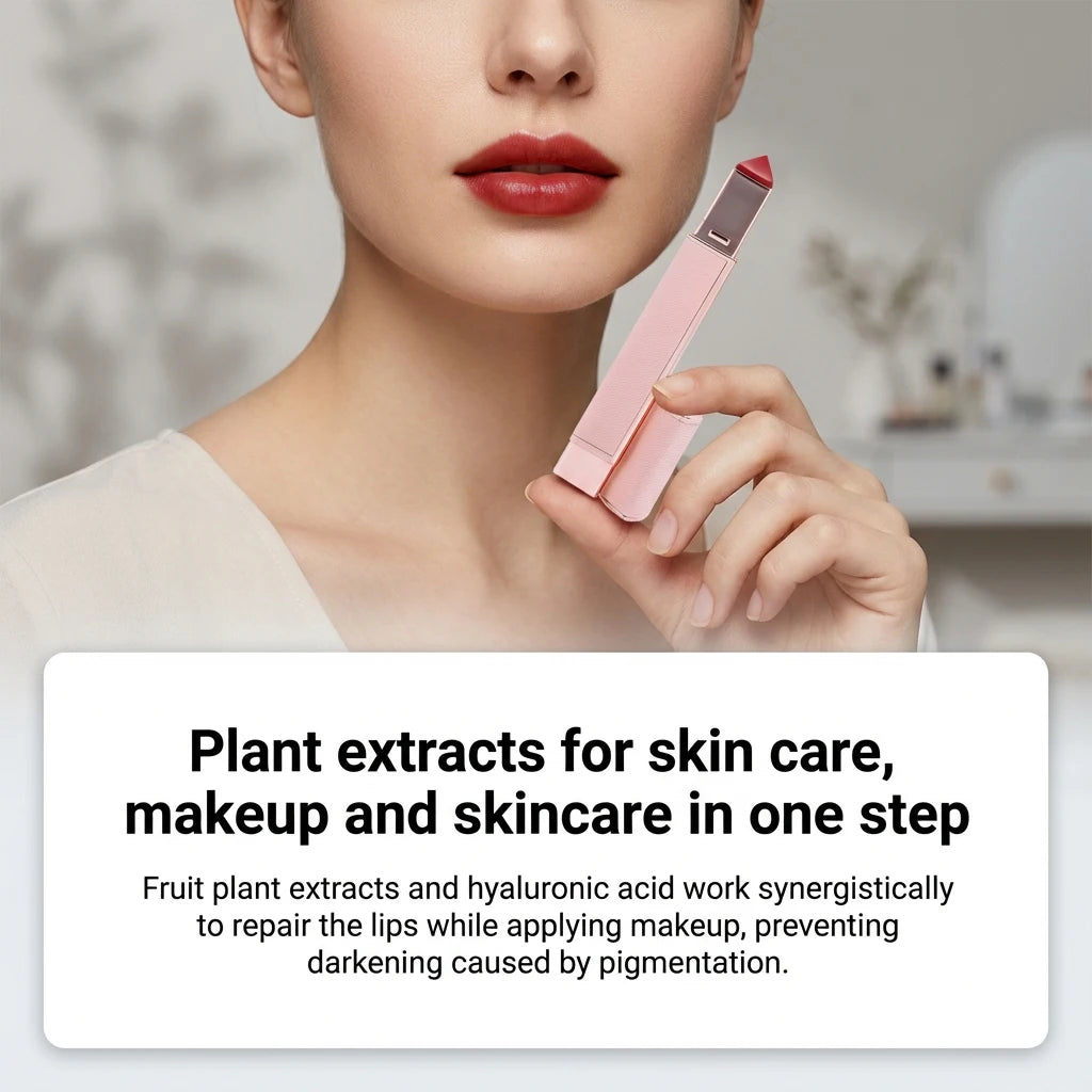 Hydrating glossy lip balm stick in a sleek pink case, providing plumping moisture and red pigment for soft lips.