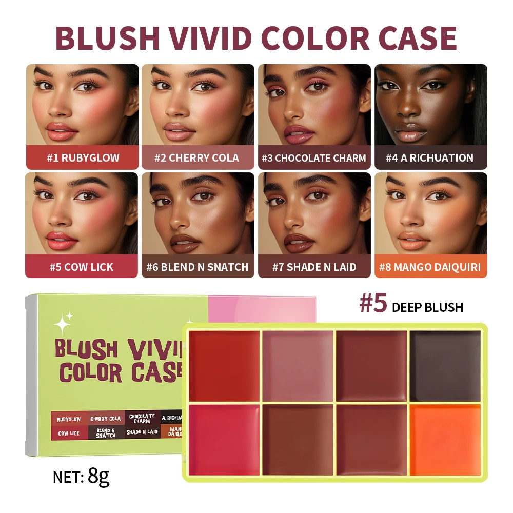 Tidesmit 8 color cream highlighter palette showing shimmer blush texture and swatch detail for radiant face makeup