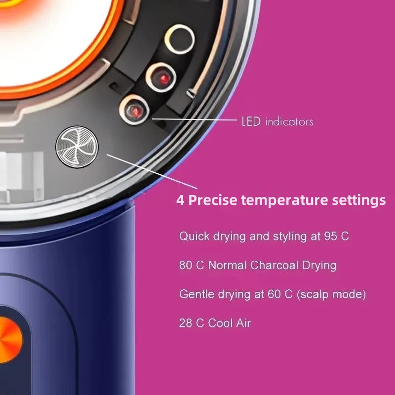 Blue high-speed hair dryer with LED indicators and 4 temperature settings for professional ionic hair care and drying.