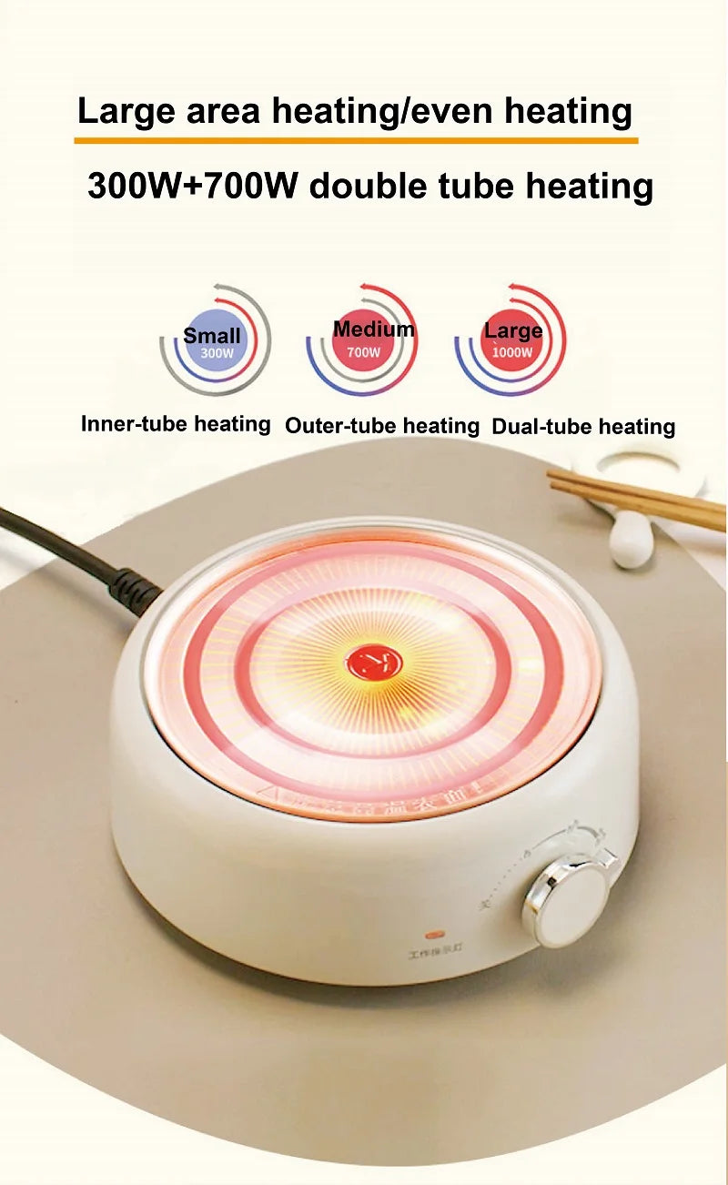 White electric hot pot with round heating coil on the base, top view