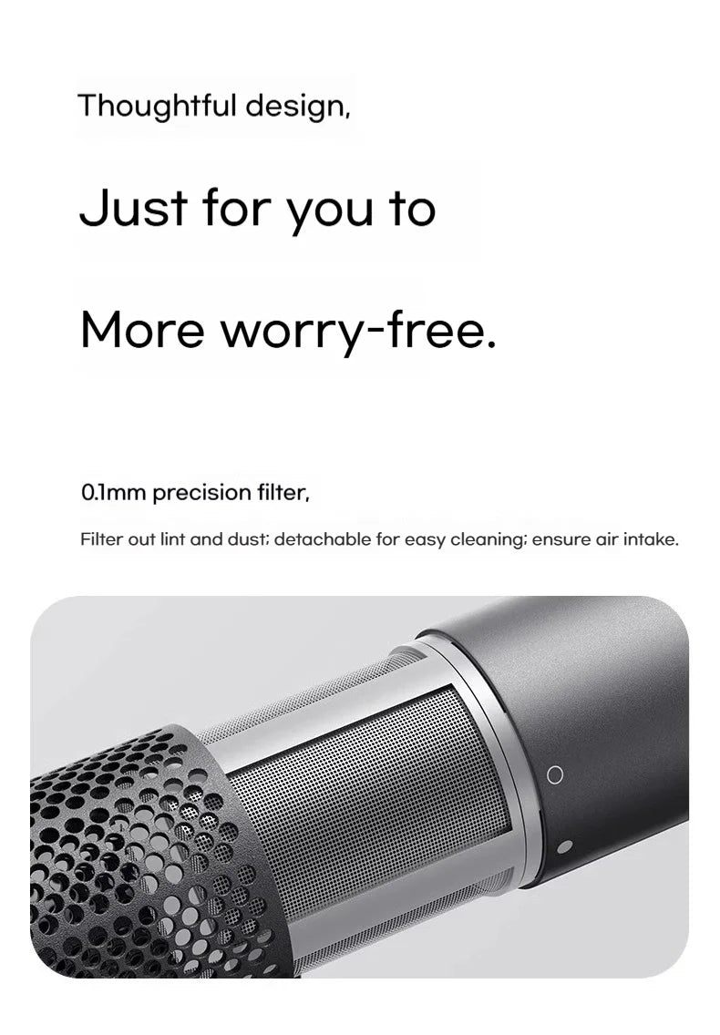Grey high-speed hair dryer showing detachable 0.1mm precision mesh filter for easy cleaning and dust protection.