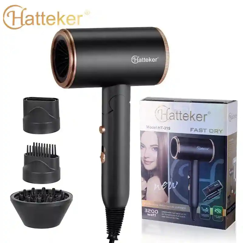 Hatteker foldable black & rose gold negative ion hair dryer with three styling attachments and its retail product box.