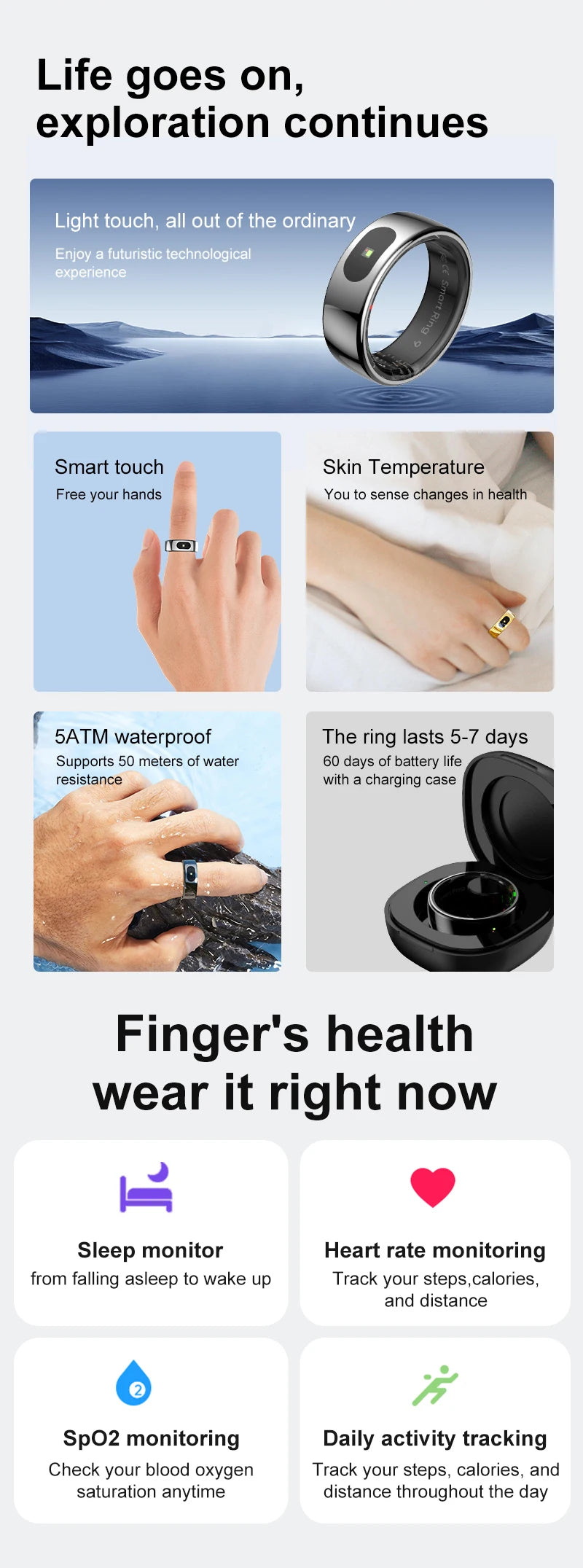 R08 Smart Ring with Charging Case Men Women Health and Sleep Monitor Heart Rate Monitoring 5ATM Waterproof Multi Sport Mode