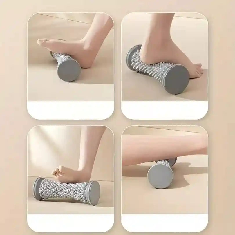 Grey spiked foot massager roller for plantar fasciitis relief, muscle recovery, and deep tissue foot and leg massage.