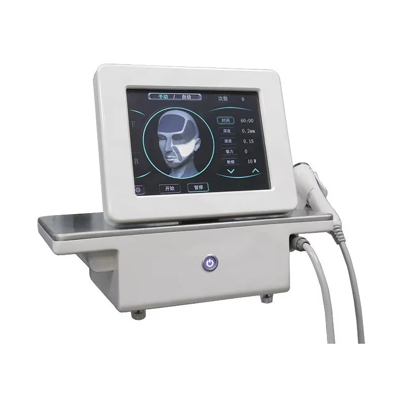 Portable fractional RF skin tightening machine with touchscreen display for facial wrinkle removal and body treatment.