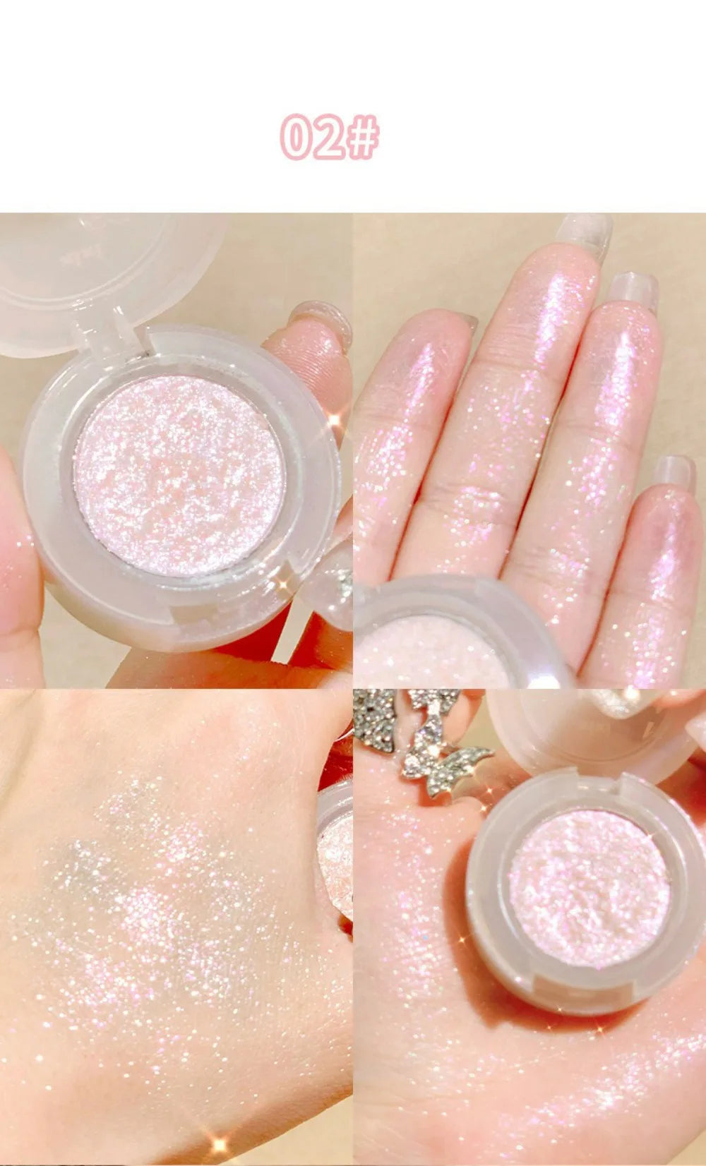 Tidesmit monochrome glitter eyeshadow and shimmering highlighter powder texture close-up for radiant face makeup