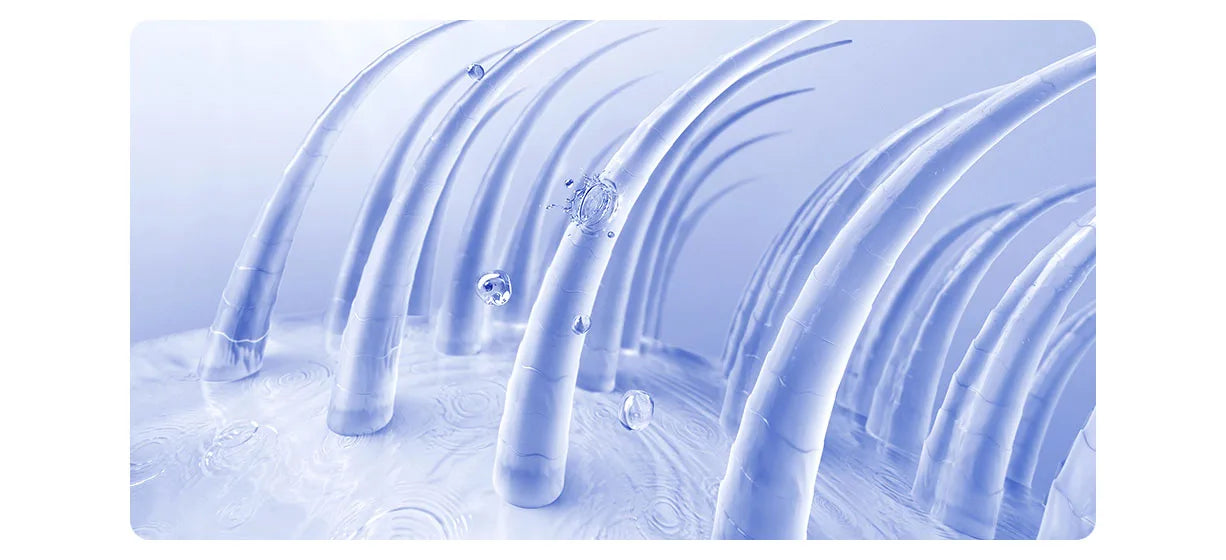 MIJIA H701 high-speed hair dryer: 3D graphic showing water ion technology nourishing hair strands for quick, soft drying.