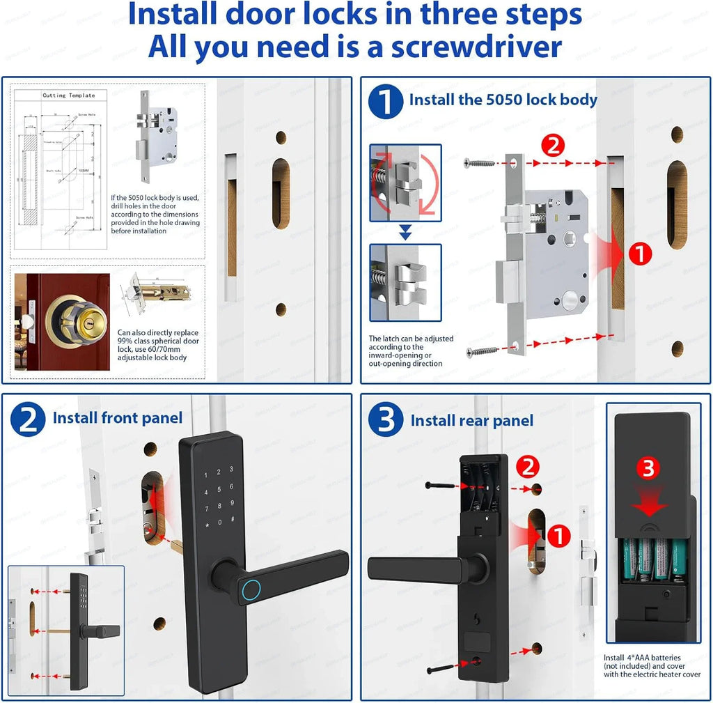 5-in-1 Smart Door Lock with Fingerprint Biometric, Wi-Fi, Tuya APP Control, Touchscreen Keypad – Fits 35-60mm Thick Doors