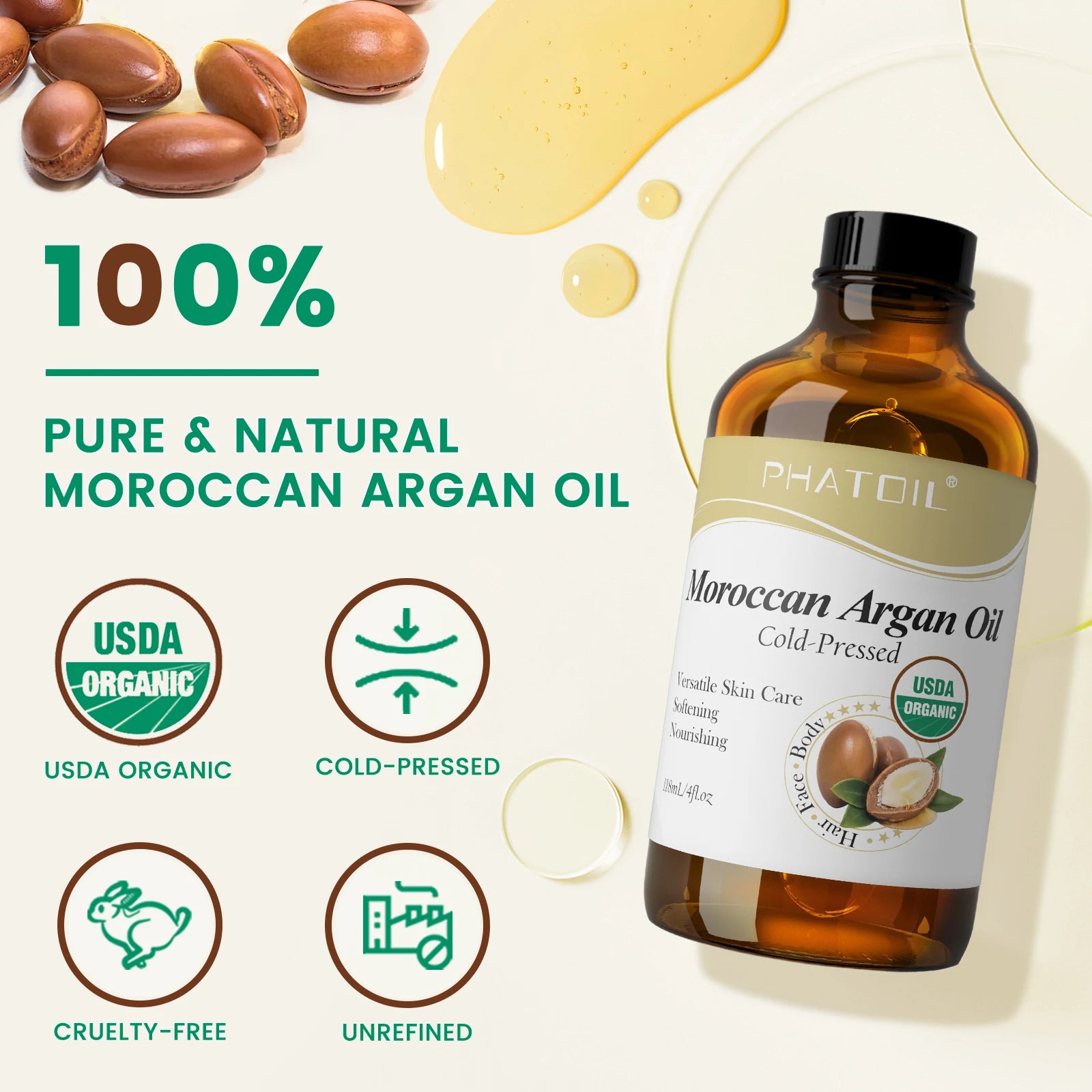 PHATOIL 118ml Organic Face Oil Natural Cold Pressed USDA Carrier Oils- Castor Oil,Jojoba,Moroccan Argan Oil,Rosehip Seed Oil