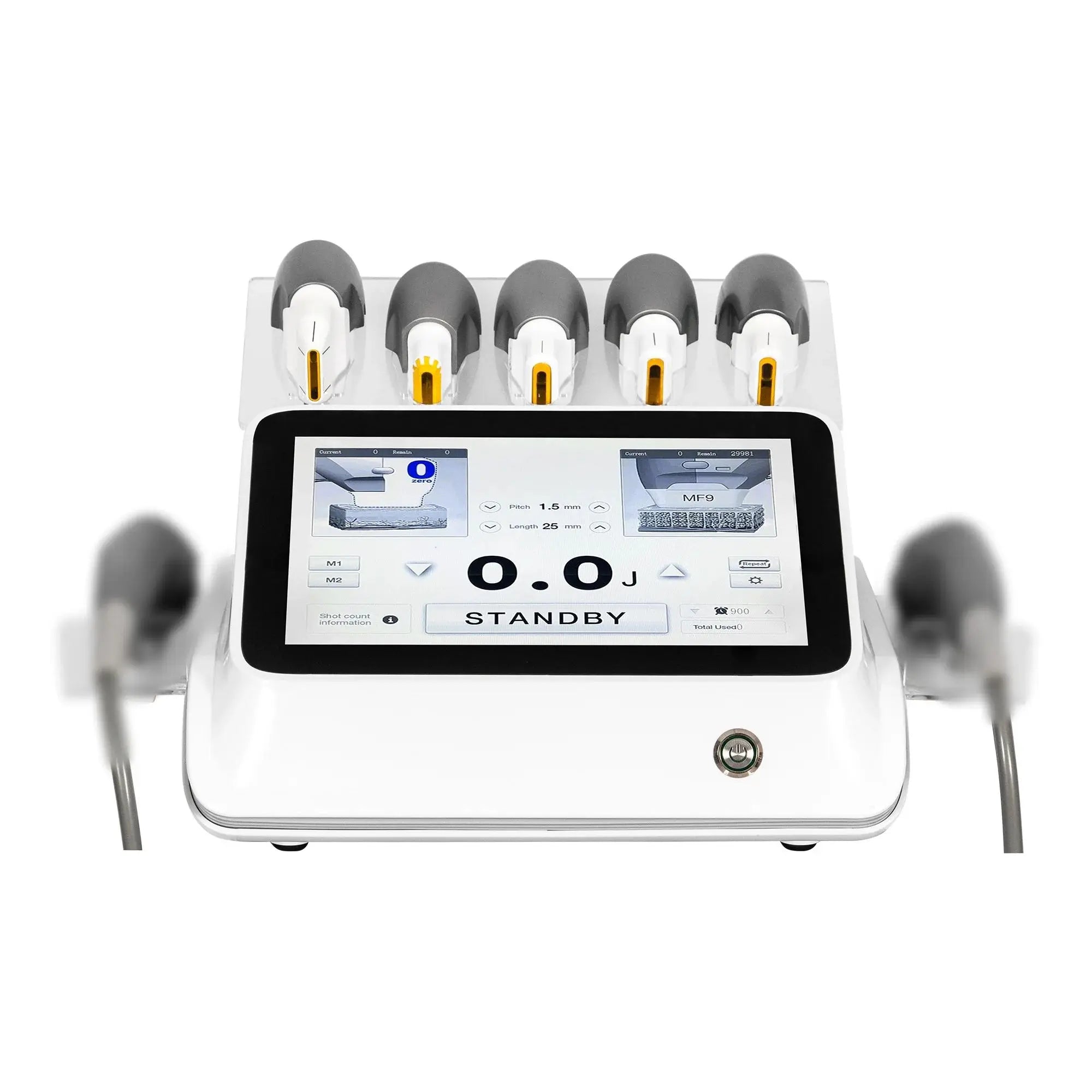 White professional 7D beauty SPA machine with a touchscreen display and five gray and white treatment cartridges.