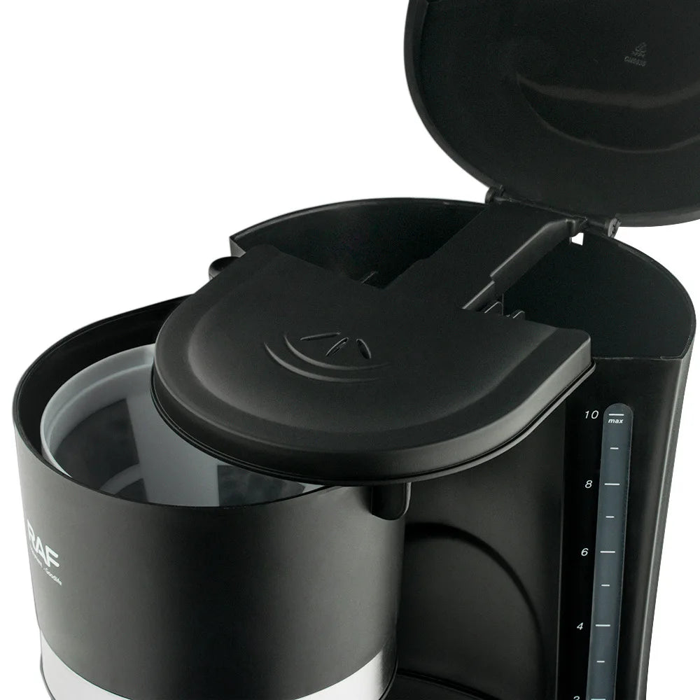 RAF 10-cup black plastic coffee maker with open lid, internal filter basket, and clear water level indicator.