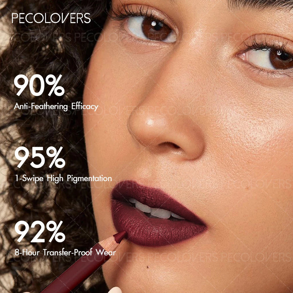 Model wearing matte, long-lasting dark purple waterproof lip liner for precise, transfer-proof lip makeup definition.